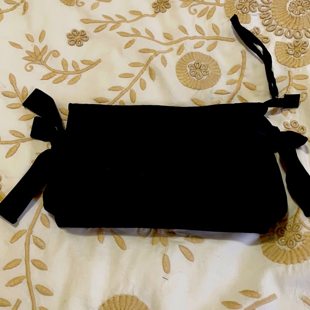 Rachel Zoë satin clutch with velvet bows and piping